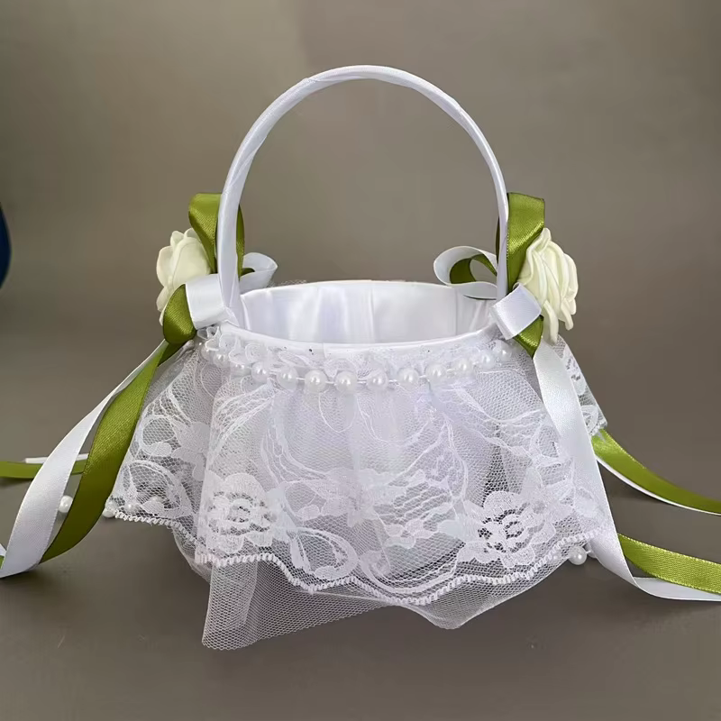 1 panier à fleurs de mariage en satin - Design vert simple