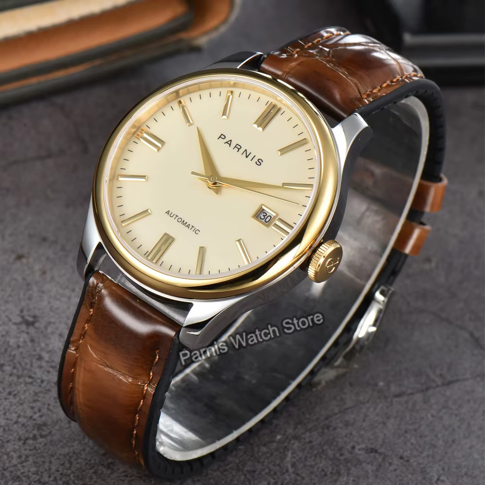 Parnis 39.5mm boîtier en or cadran noir automatique hommes montre bracelet en cuir saphir cristal