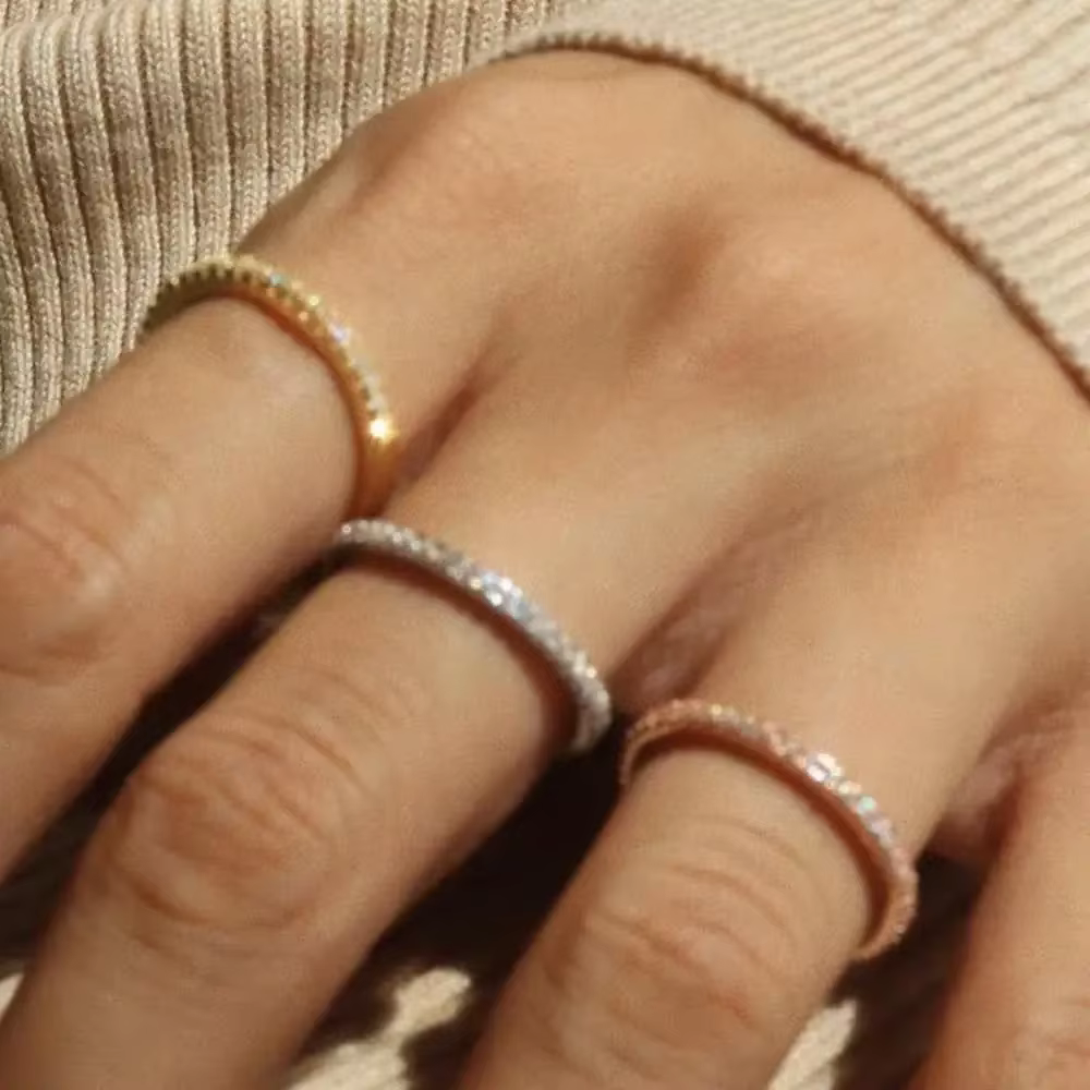 1/3 pièces mince délicat empilable anneau minimaliste pleine éternité bande cubique zircone couleur or Rose plaqué pavé anneaux pour les femmes