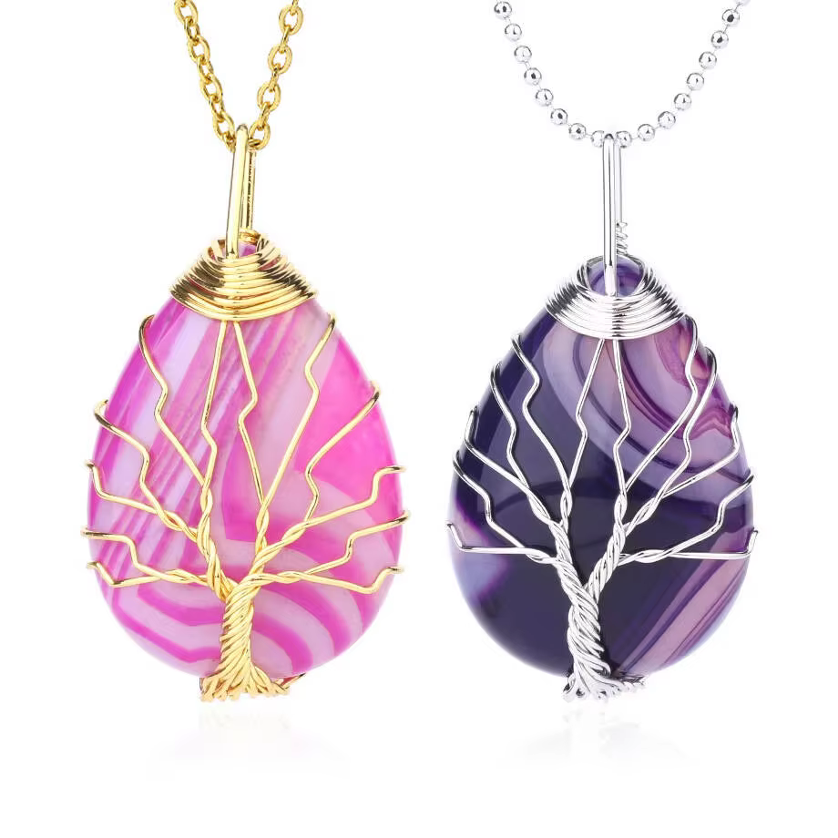 CSJA collier arbre de vie agate pierre naturelle pendentif