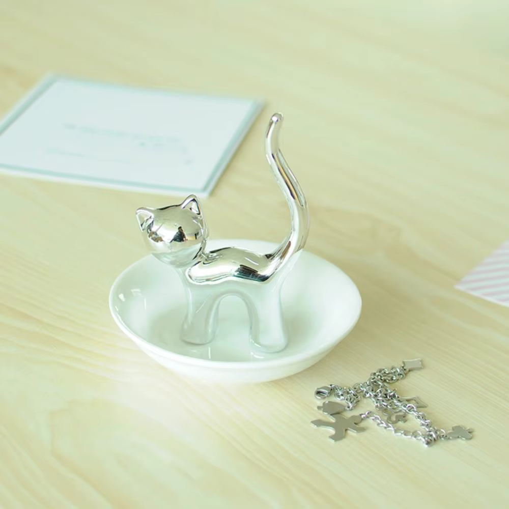Nouveau porte-anneau de chat en céramique or argent présentoir de bijoux support
