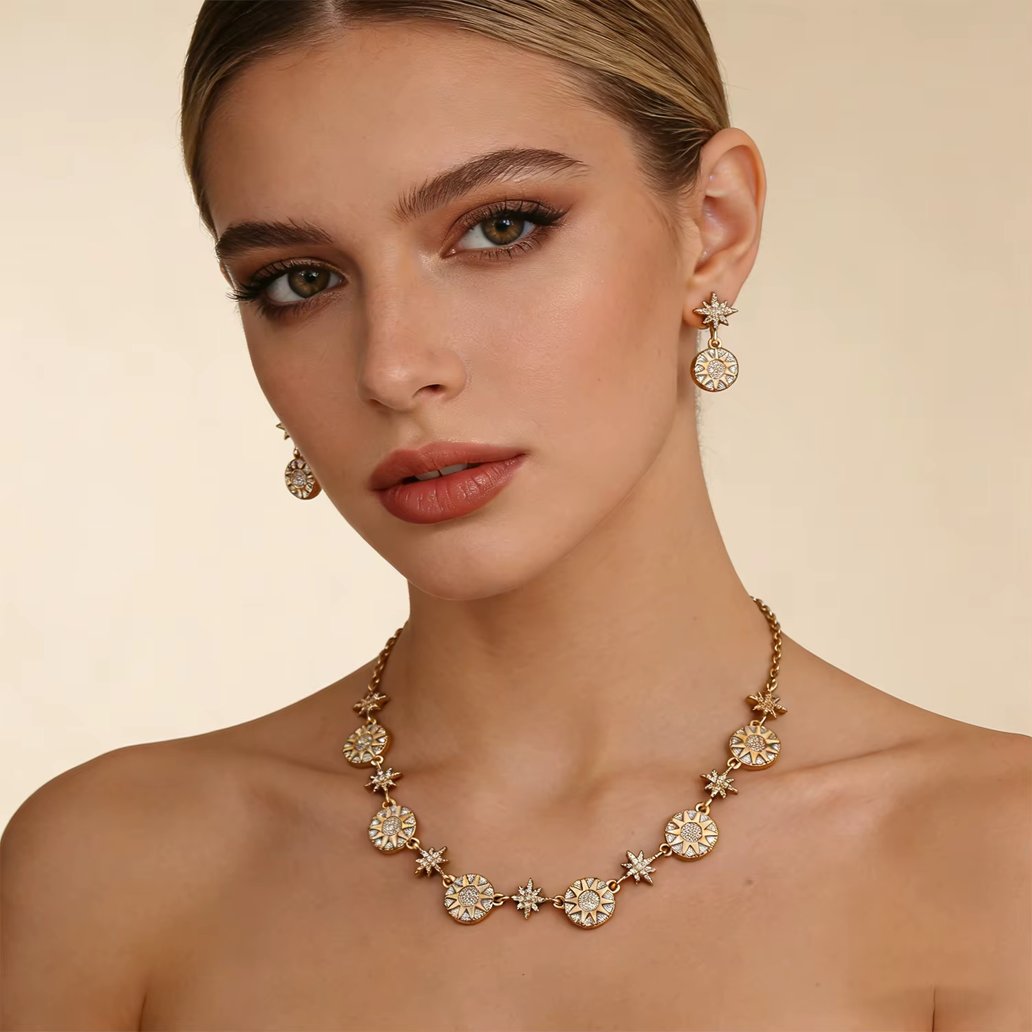 Parure Collier et Boucles d'Oreilles Plaqué Or Étoile du Soleil Zircon pour Femme
