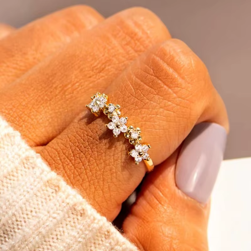 Huretailers-Bague en or brillant avec fleur délicate pour femme