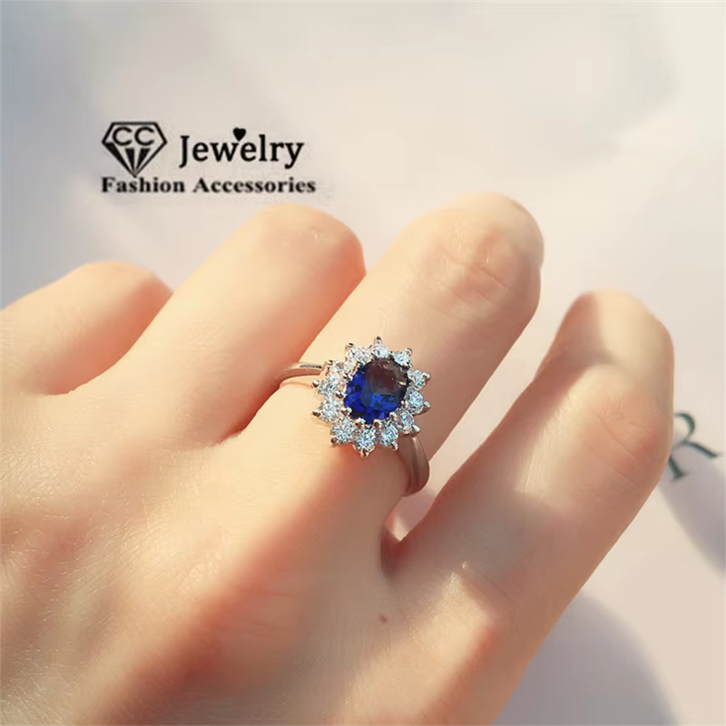 CC princesse Diana anneaux pierre bleue couleur argent bijoux de mode mariée mariage fiançailles fête anneau accessoires CC626