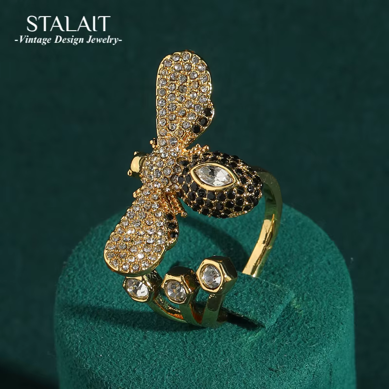 Bagues Vintage couleur or abeille strass luxe noir Antique bijoux accessoires fête fiançailles pour femmes nouveauté Boho