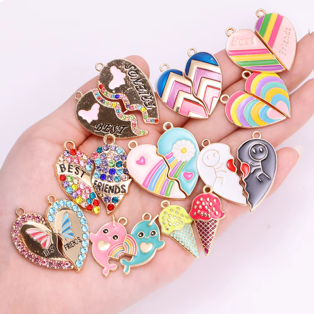 2 paires d'émail arc-en-ciel coeur cassé épissage breloque meilleurs amis pendentif bricolage femmes fille collier BFF amitié bijoux cadeaux