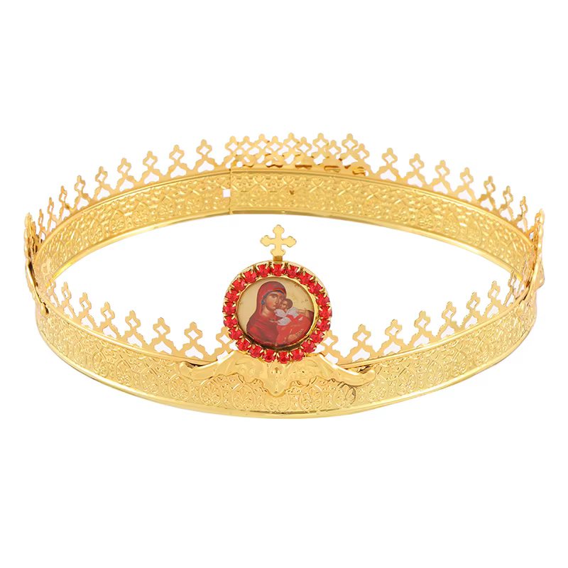 Couronne de mariage orthodoxe plaquée or avec icône de la Vierge Marie pour la liturgie de l'église
