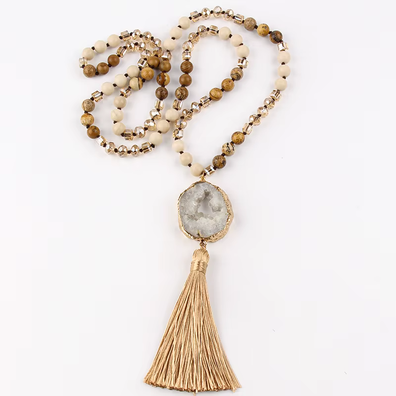 Mode bohème bijoux pierres semi-précieuses nouées Druzy pierre liens gland colliers pour femmes Boho collier