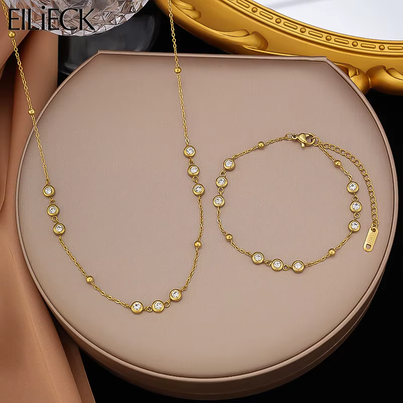 EILIECK 316L acier inoxydable rond scintillant zircone collier Bracelet ensemble pour les femmes à la mode étanche