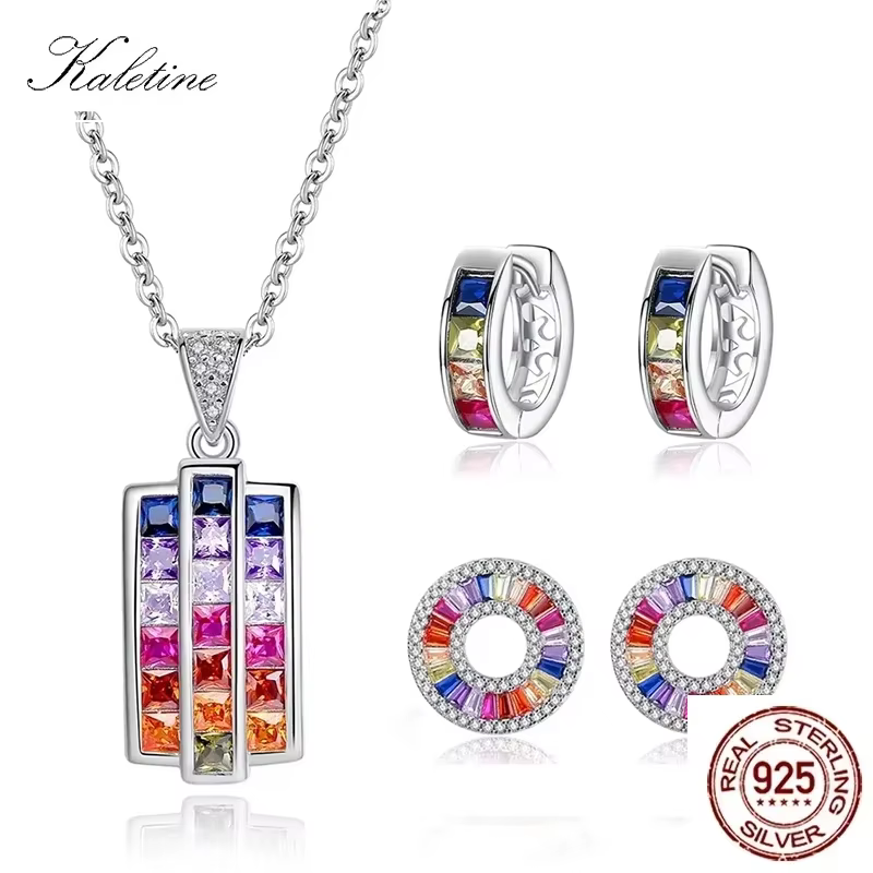 KALETINE 925 en argent Sterling arc-en-ciel coeur boucles d'oreilles CZ mode coréenne zircone femmes collier anneaux ensemble charme bijoux cadeaux