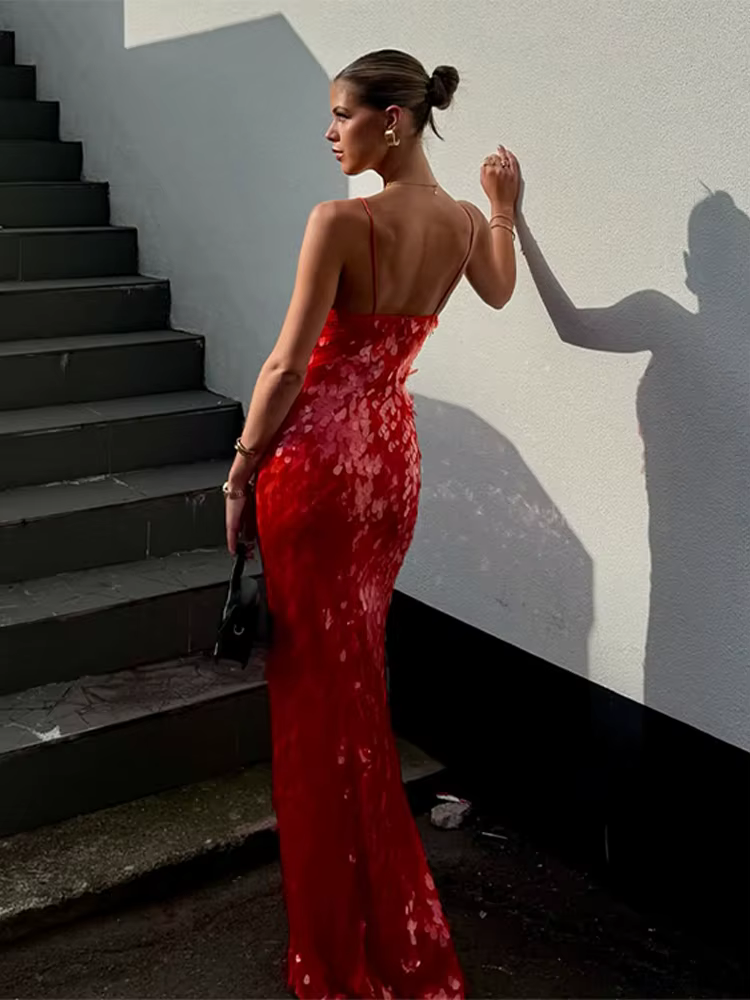 Sexy paillettes longue fronde robe de soirée femmes col en V sans manches rouge Maxi mince Robes femme 2025 été dame