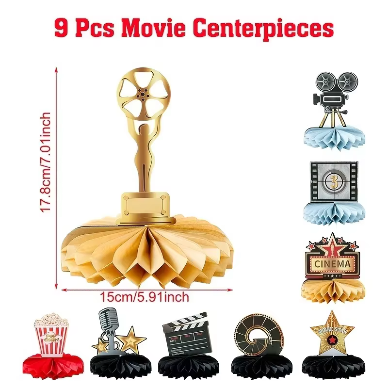 9 pièces de centres de table nid d'abeille sur le thème du cinéma Hollywoodien