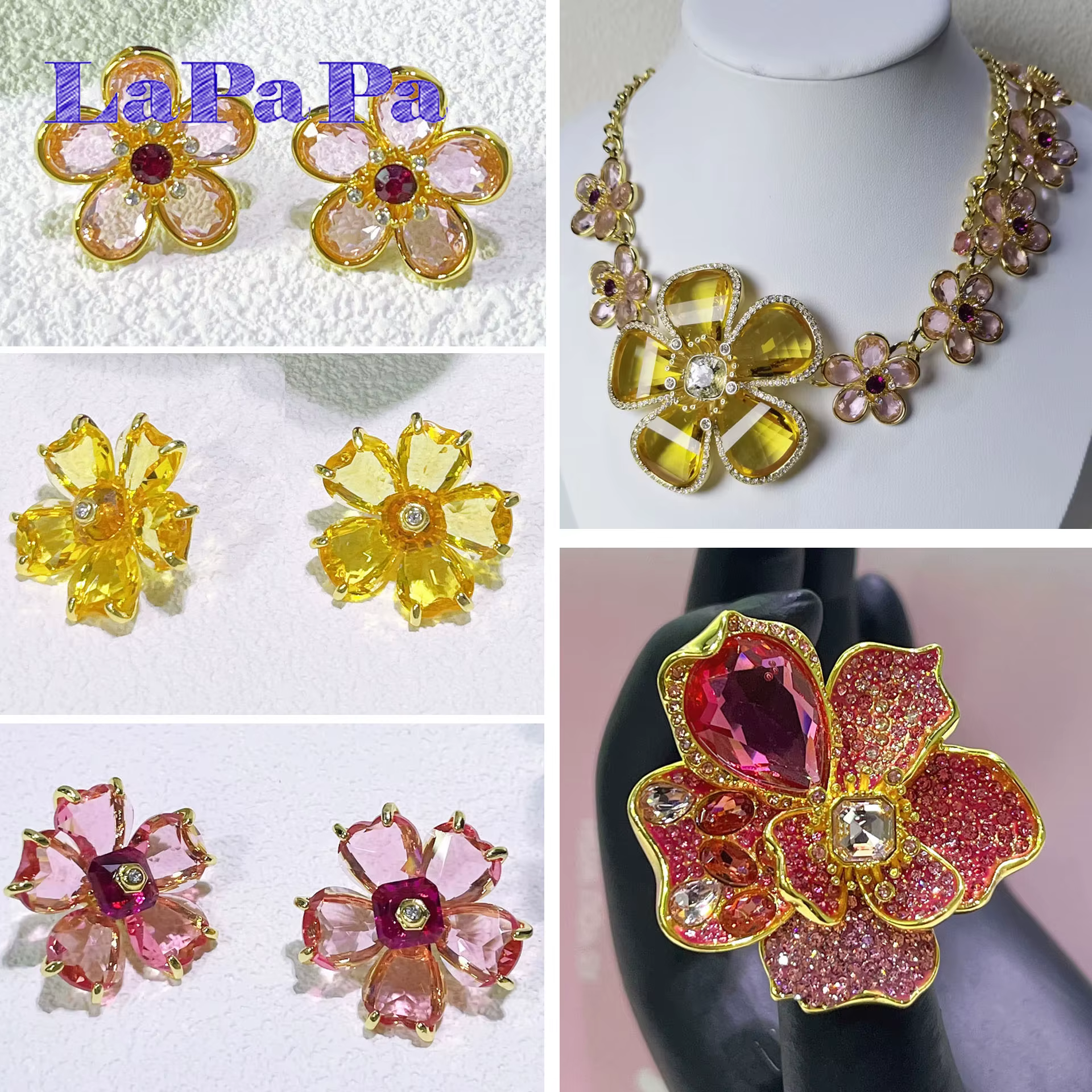 Collection de bijoux de luxe 2026 pour femme : Parure originale en cristal rose taillé, collier, boucles d'oreilles, bague, bracelet et accessoires de fête