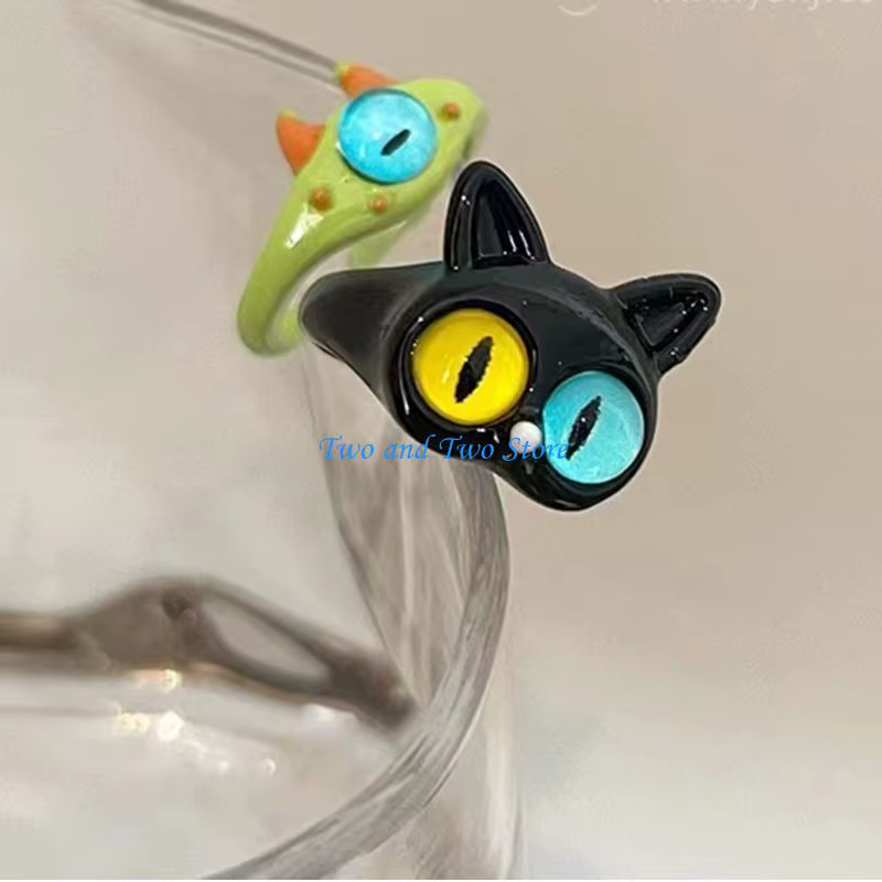 Hx6f drôle vert blanc chat monstre ring sweet yeux doux cool dessin animé mignon copines couple ouvert cadeau bijoux
