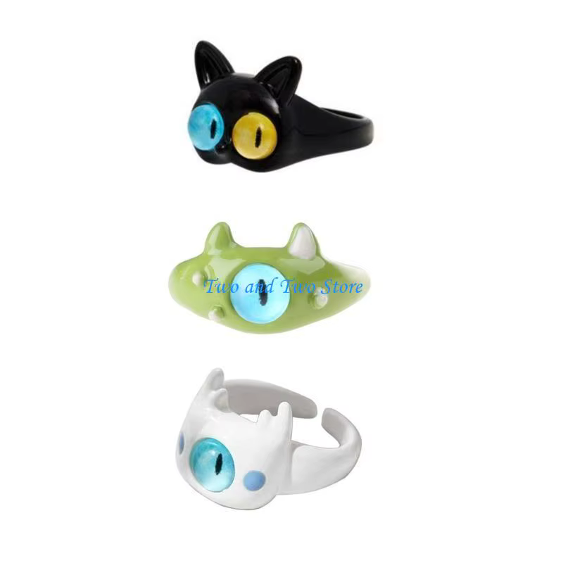 Hx6f drôle vert blanc chat monstre ring sweet yeux doux cool dessin animé mignon copines couple ouvert cadeau bijoux