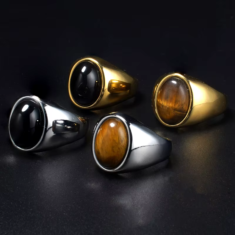 Bague homme avec oeil de tigre naturel bague homme femme acier inoxydable 316L
