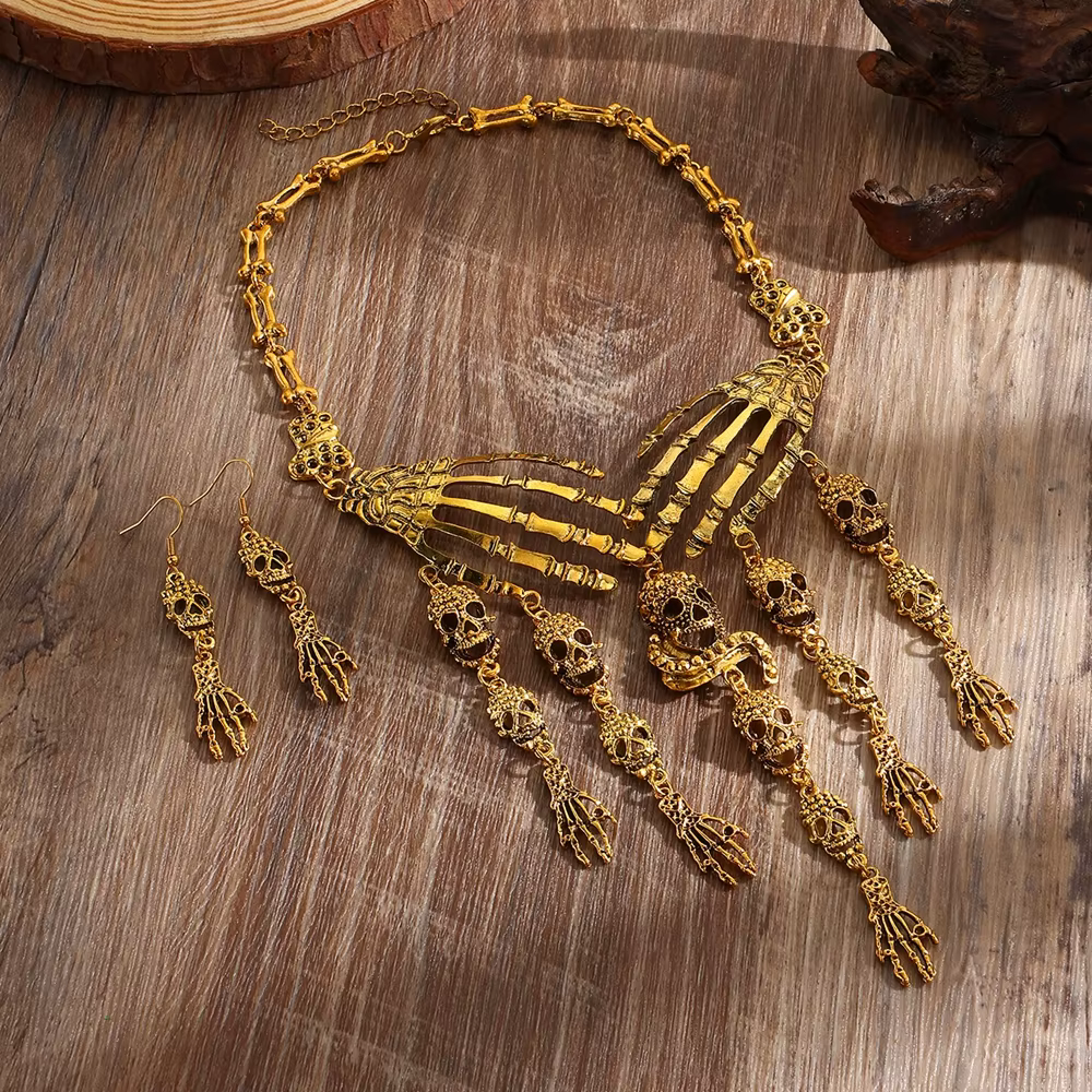 Ensemble collier et boucles d'oreilles tête de mort main fantôme en métal vintage pour femmes