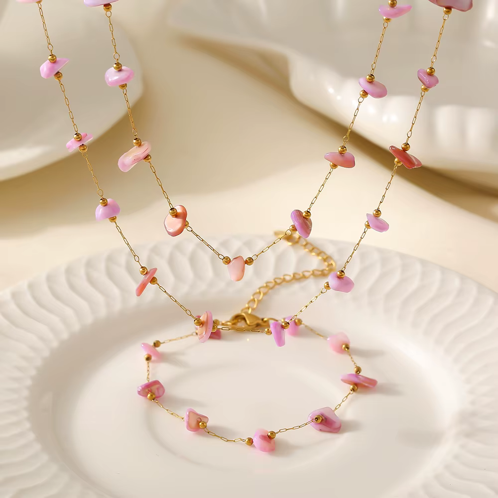 Ensemble collier et bracelet en pierres roses naturelles pour femmes