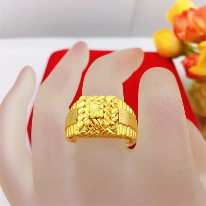 Bague trapézoïdale ajustable de style pagode pour homme, en or véritable 24 carats, de luxe – Bijoux fins haut de gamme