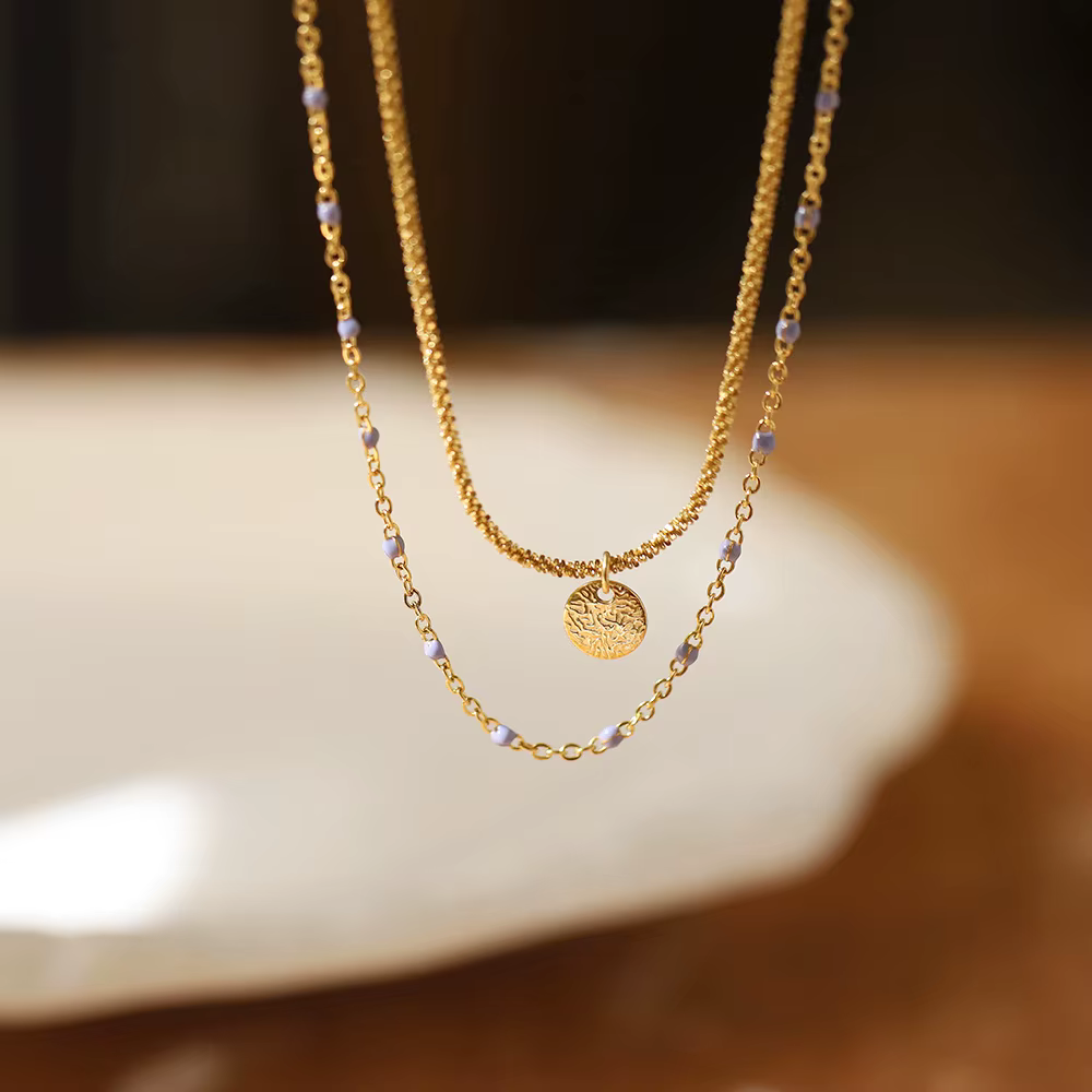 Amaiyllis lumière luxe feuille d'aluminium rond Double couche collier pendentif Niche lilas Beanie chaîne