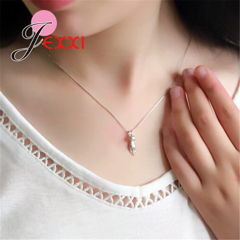 Collier avec pendentifs chat en argent Sterling 925 pour femmes/filles