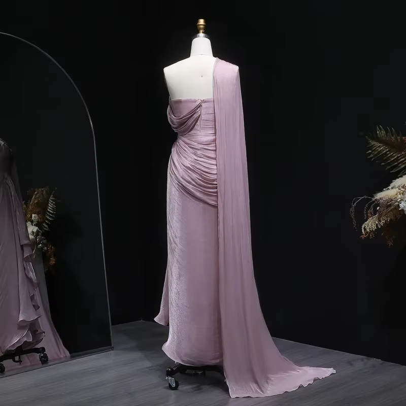 Robe de soirée élégante rose asymétrique à une épaule avec cape drapée pour femme 2026 – Collection Vestidos De Fiesta Elegantes