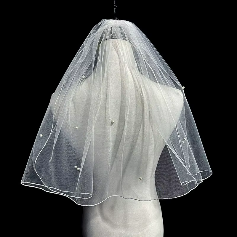 Voile court de mariée double couche style français avec perles