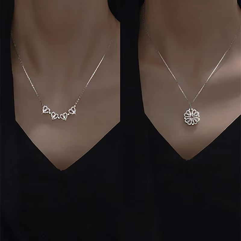 Collier pendentif en forme de cœur trèfle à quatre feuilles
