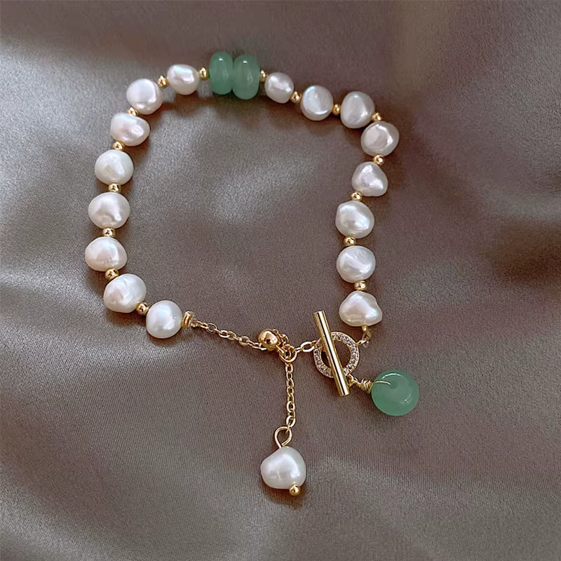Promotion bijoux pour femmes 14K or rempli naturel perle d'eau douce et pierre de Jade dames bracelet à breloques cadeaux ne se décolore pas