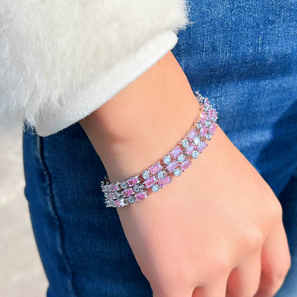 Pera élégant femmes grande chaîne de Tennis large Bracelets rose Zirocnia 3 rangées conception main décor mariage fête des mères bijoux cadeau B041