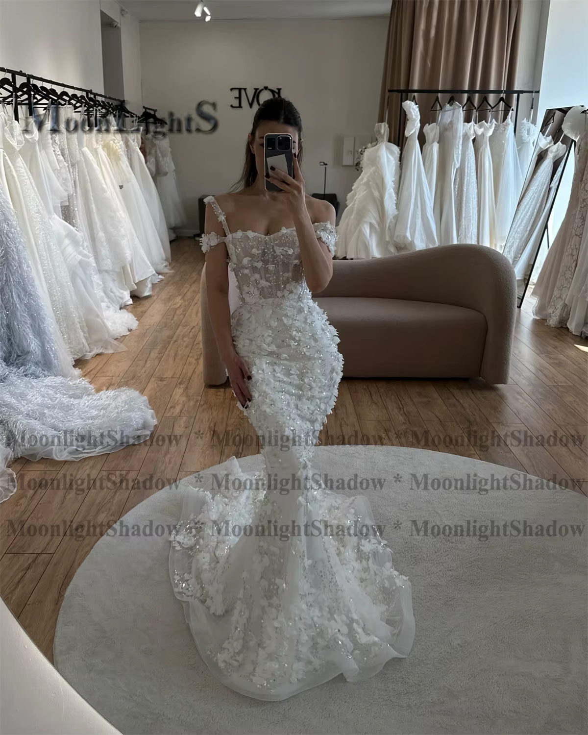 Lune clair robes De mariée scintillantes sirène hors De l'épaule Appliques à lacets paillettes