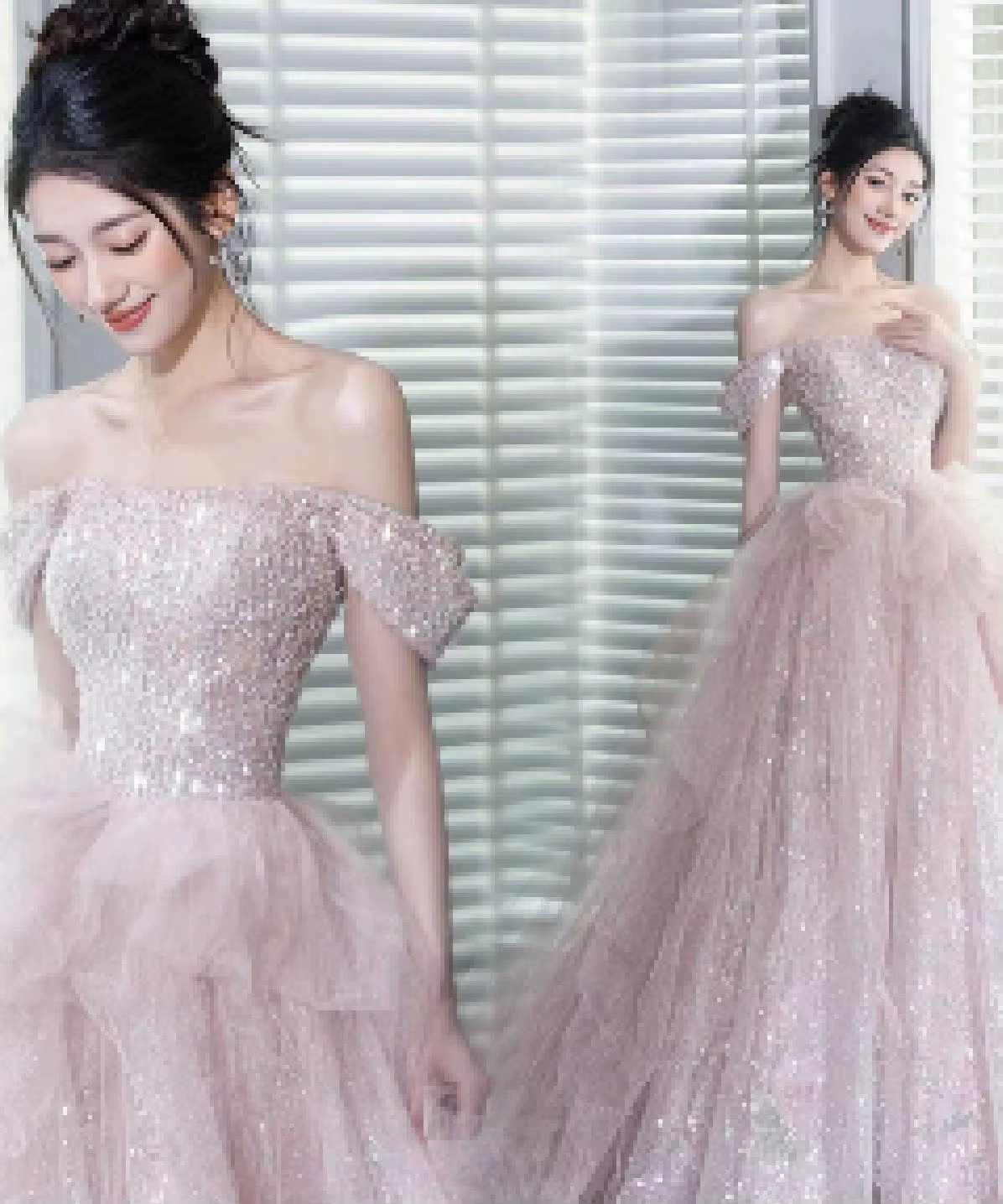 Robe de mariée rose à paillettes, jupe longue queue de poisson