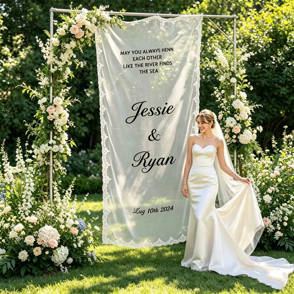 Bannière de bienvenue personnalisée en dentelle pour mariage | Panneau de cérémonie