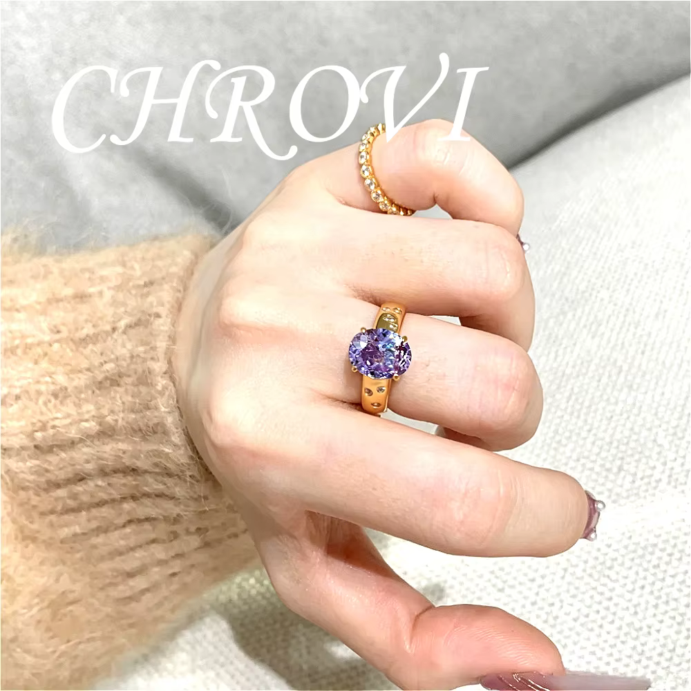 Bague en or de style vintage avec zircon violet rétro et diamant à haute teneur en carbone pour femmes