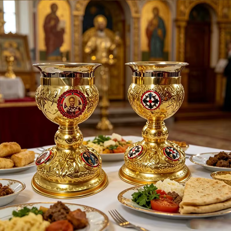 Nouveau Calice de Communion Orthodoxe Plaqué Or avec Reliefs d'icônes Émaillées pour l'Utilisation dans l'Altier de