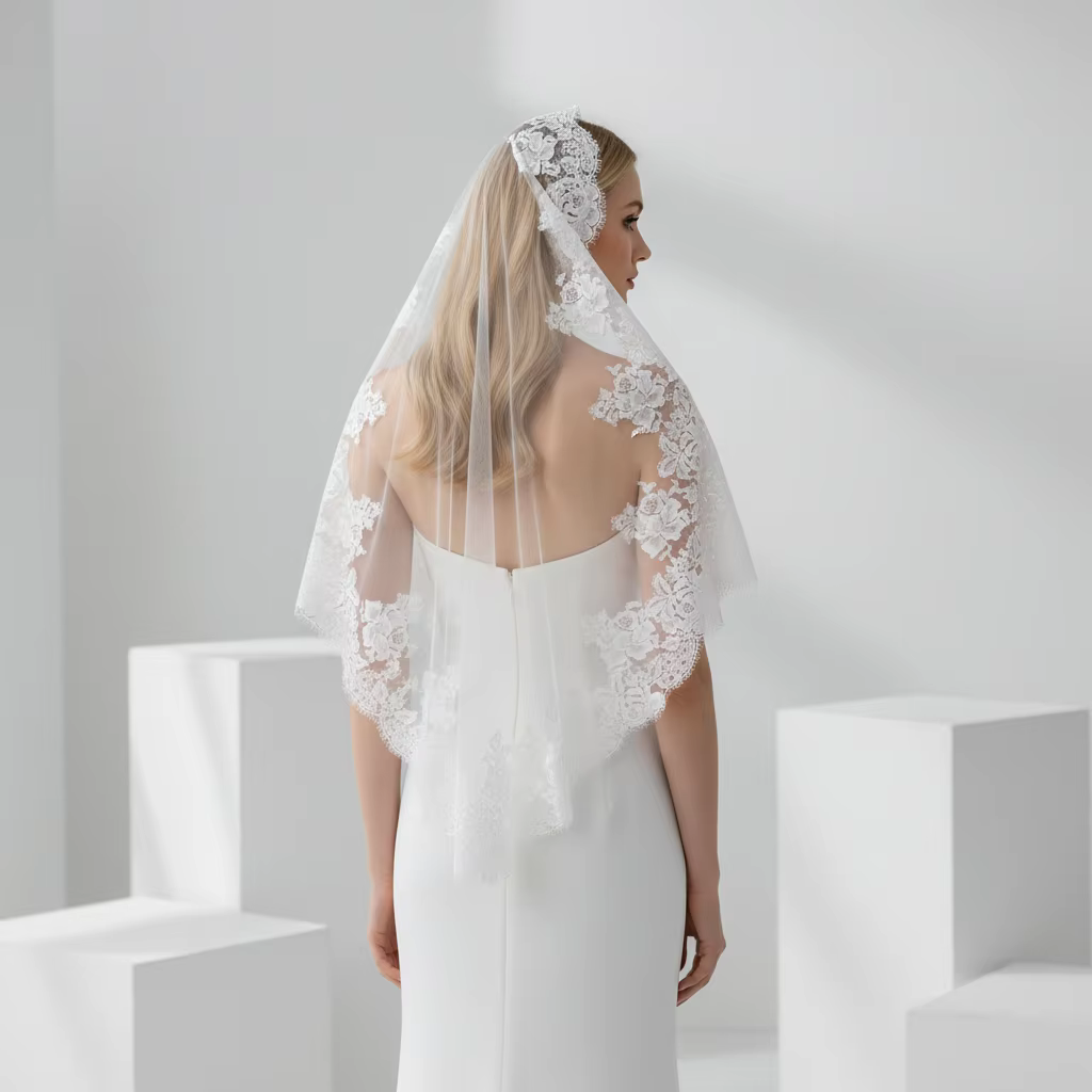 Voile de mariée élégant en dentelle blanche avec appliques florales