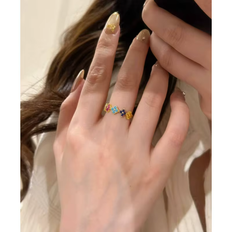 Bague pétale à quatre feuilles colorée en argent Sterling 925 pour femmes