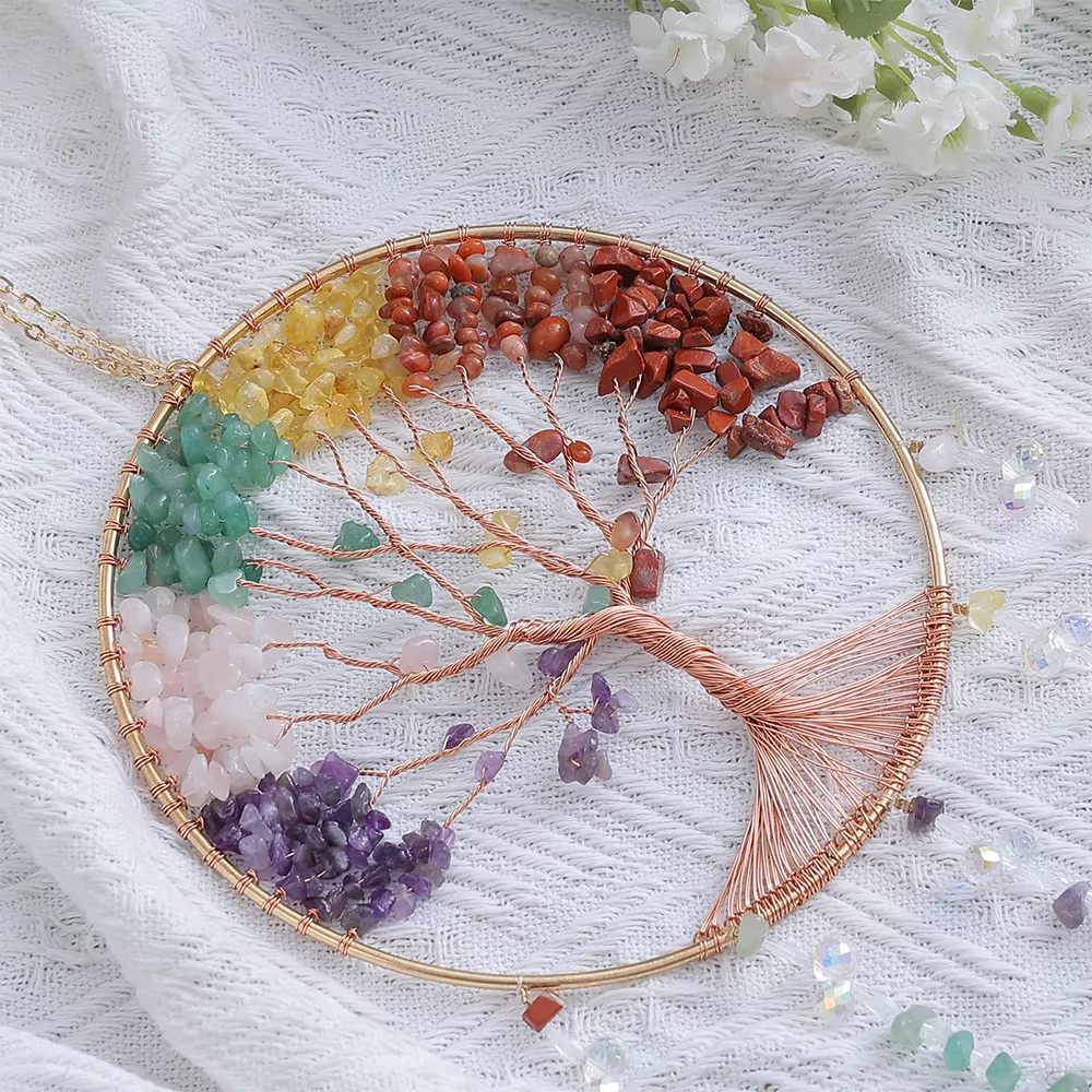7 Chakra arbre de vie lune capteur de rêves pierre de cristal arc-en-ciel pierres précieuses naturelles