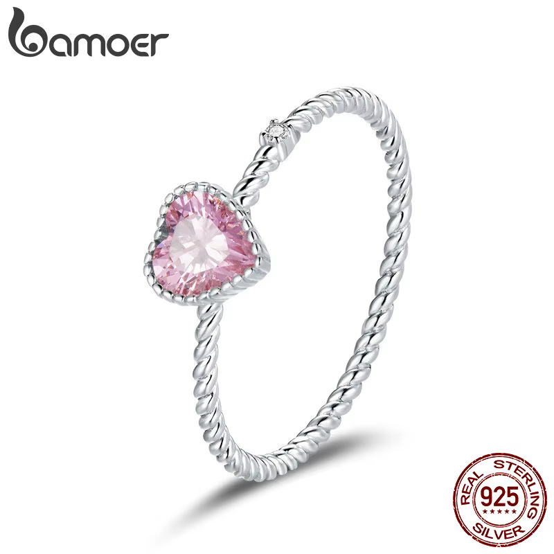 Bague en argent sterling 925 avec zircon rose en forme de cœur