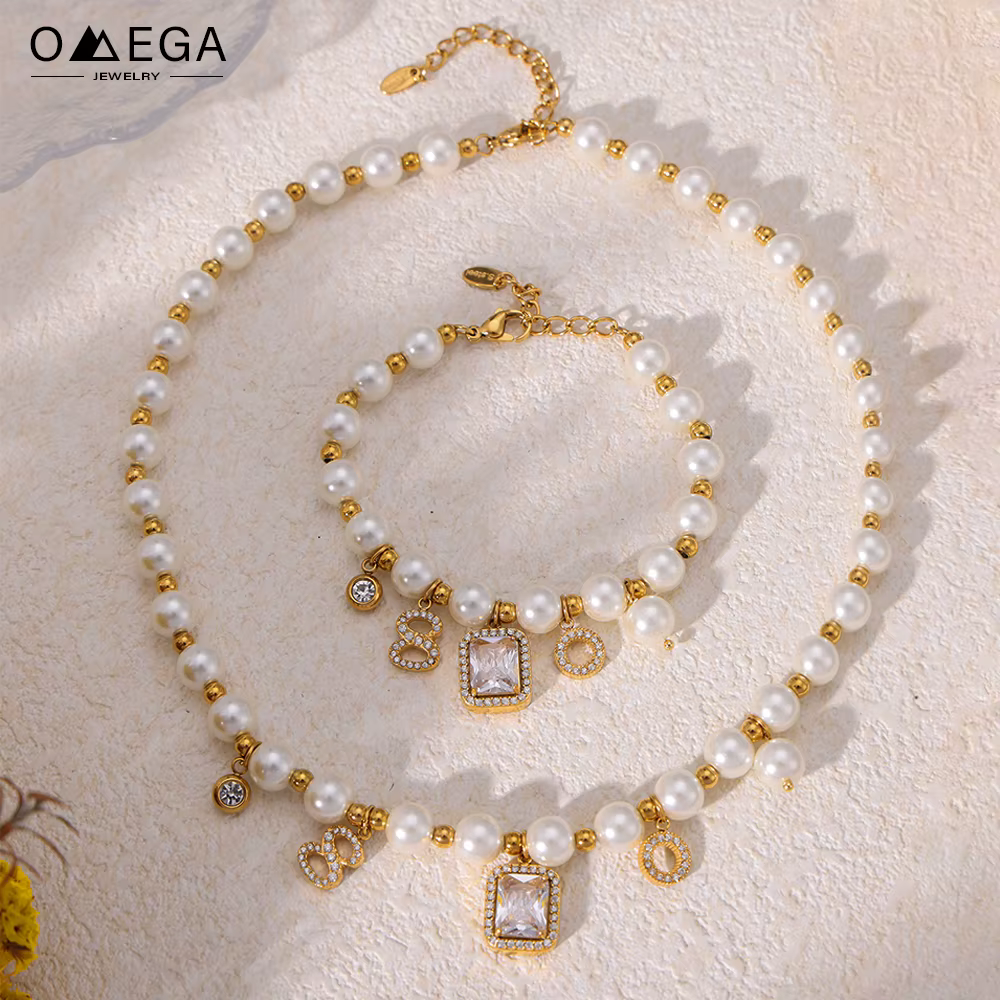 Collier et bracelet en perles de coquillage avec pendentif carré en zircon pour femmes