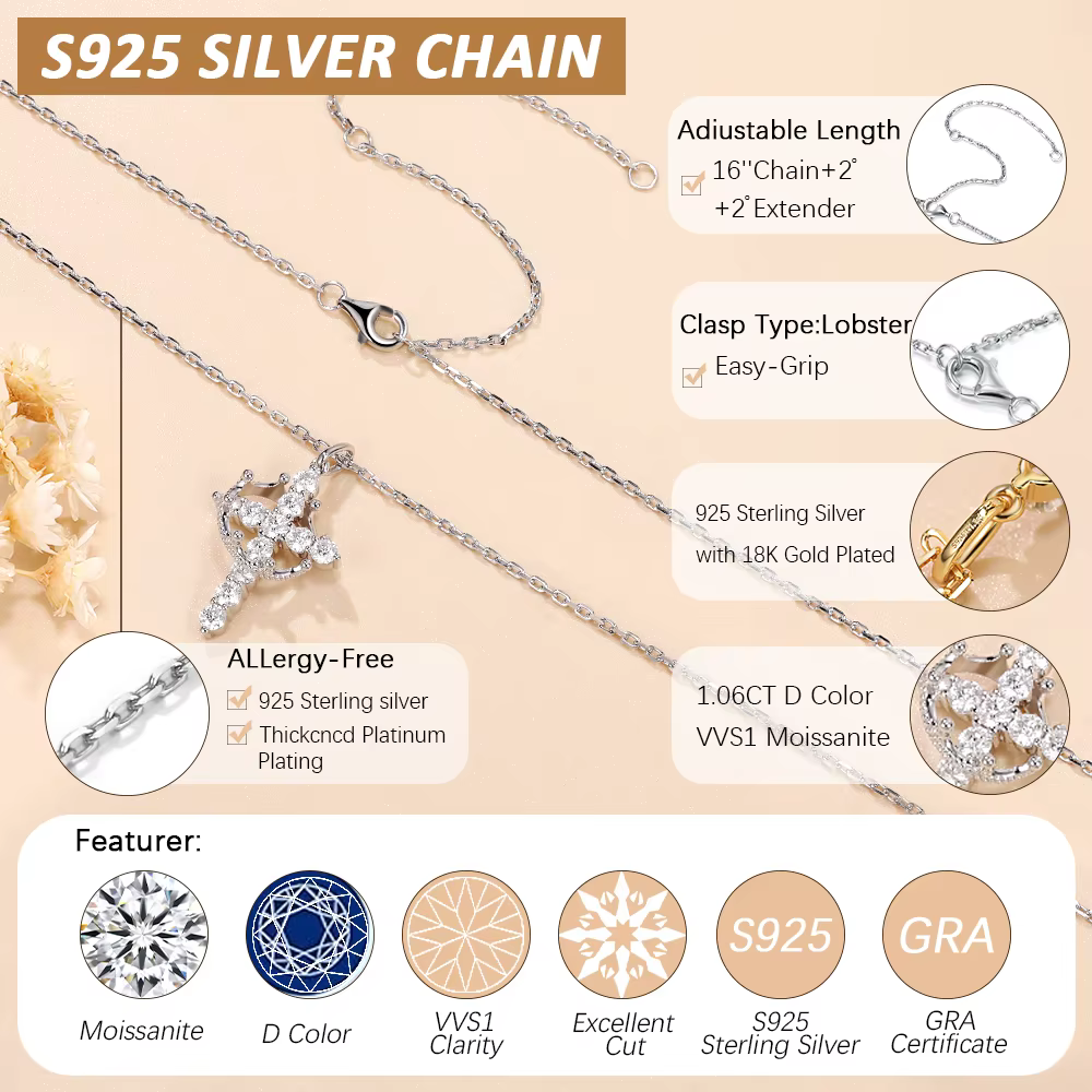 Collier avec pendentif couronne rotative en Moissanite pour femmes