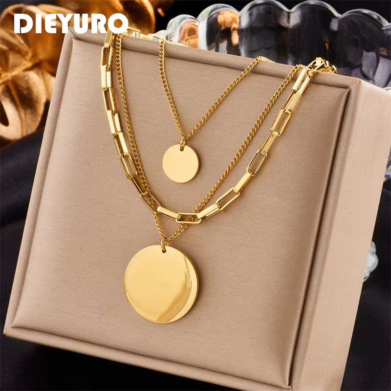 DIEYURO 316L acier inoxydable couleur or 3in1 pendentif rond collier pour femmes mode filles multicouche chaîne cou bijoux cadeau