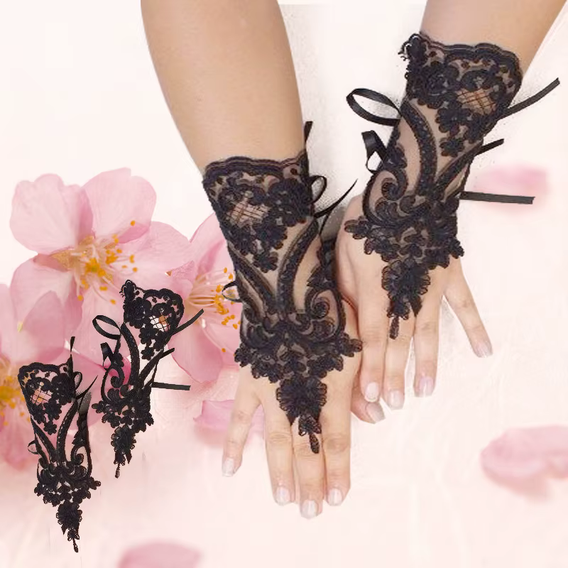 Gants de Mariage Blancs et Noirs en Dentelle à Fleurs pour Femme