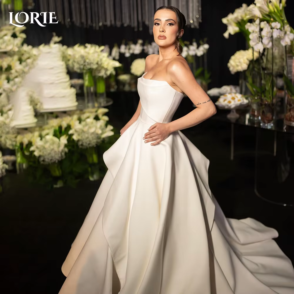 Robe de Mariée Blanche Plissée et Sans Bretelles