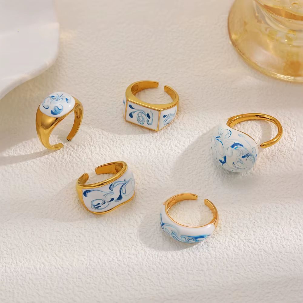 Bague ouverte Vintage en émail bleu blanc pour femmes