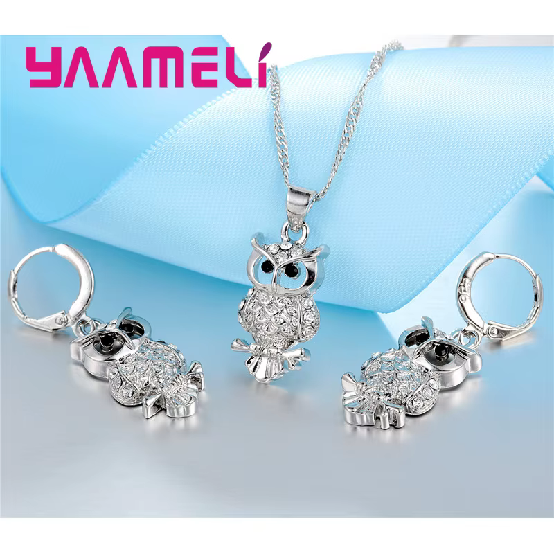 Ensemble de boucles d'oreilles et collier avec pendentif hibou en cristal AAA pour femmes