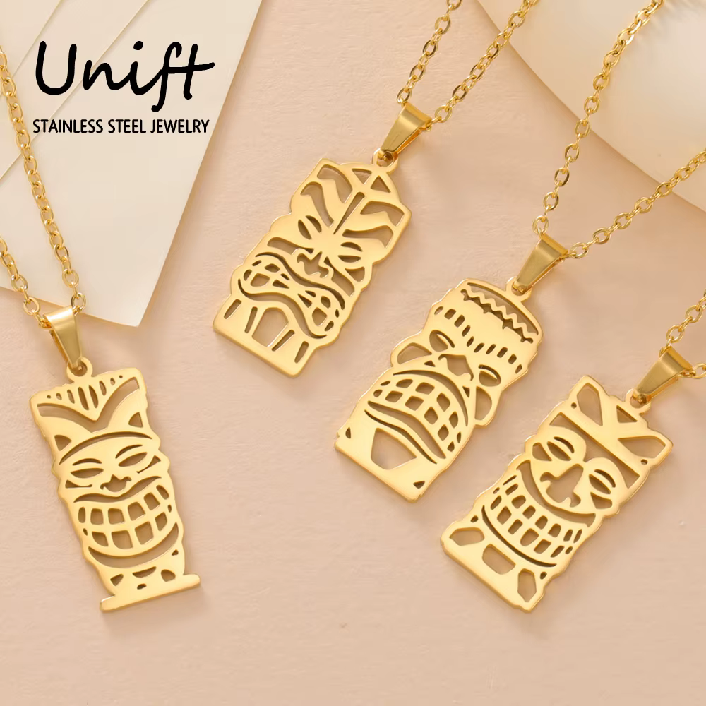 Unift Collier Tiki Hawaïen en Acier Inoxydable pour Femme et Homme