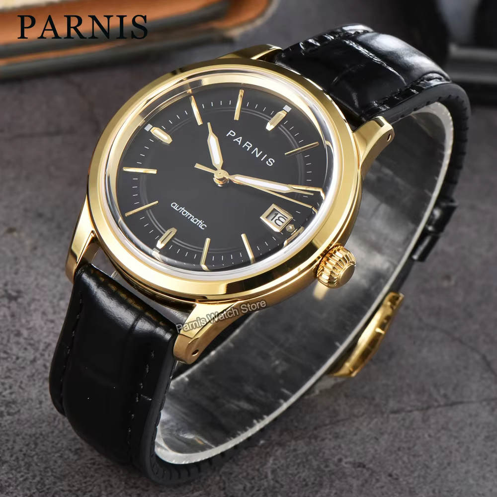 Parnis 39.5mm boîtier en or cadran noir automatique hommes montre bracelet en cuir saphir cristal