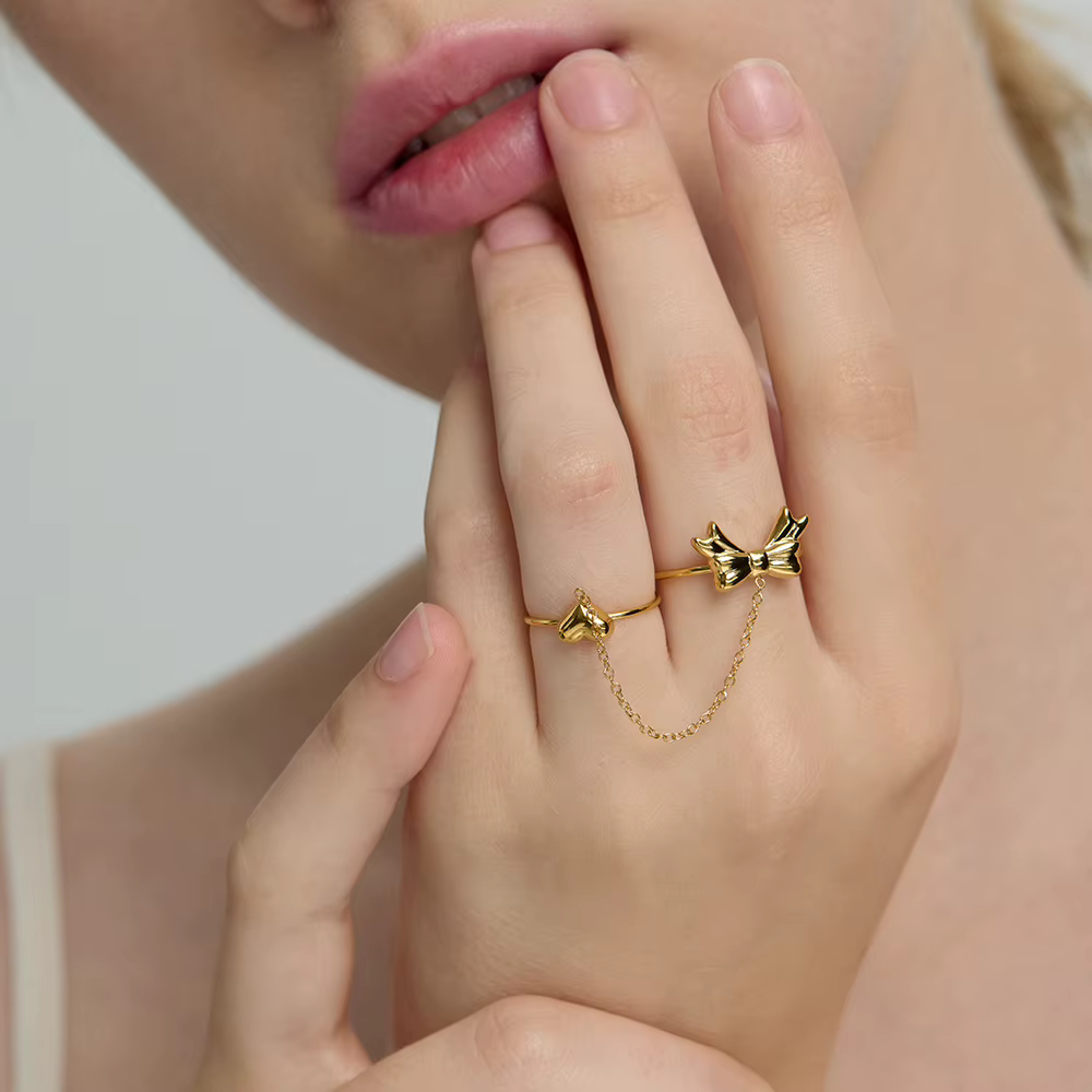 Ensemble de bagues papillon cœur tendance avec double chaîne de doigt