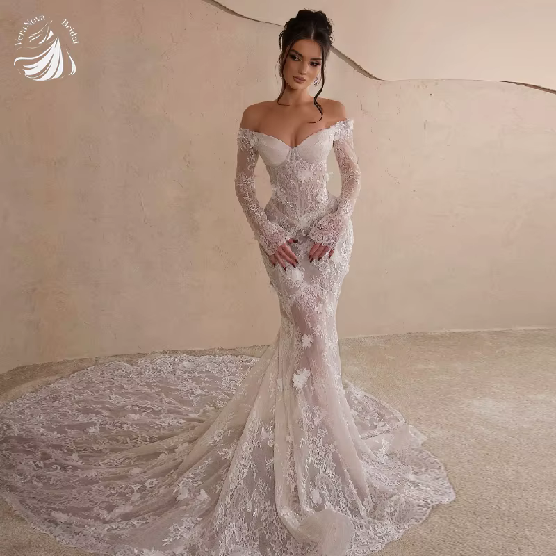 Boho robes de mariée sirène dentelle manches longues robe